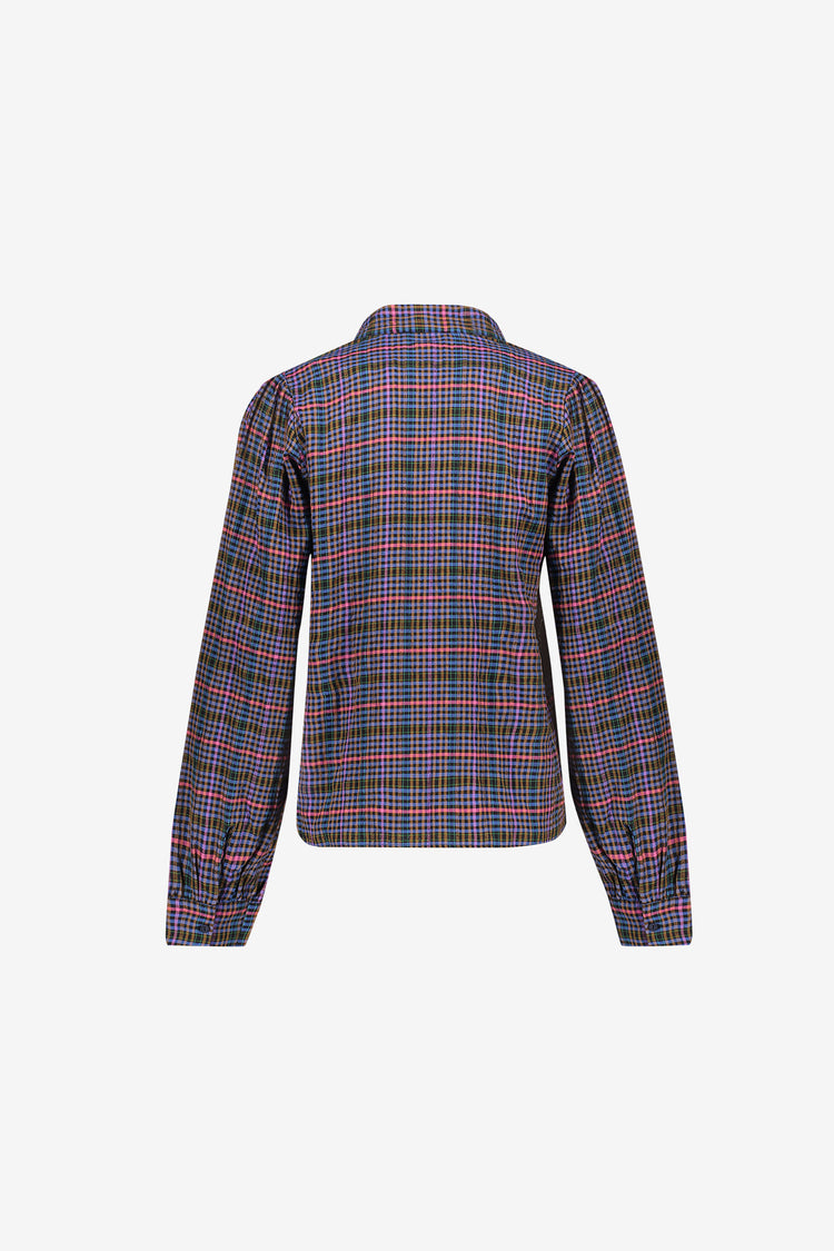 Geisha blouse met strikhals en lange mouwen in ruitdessin