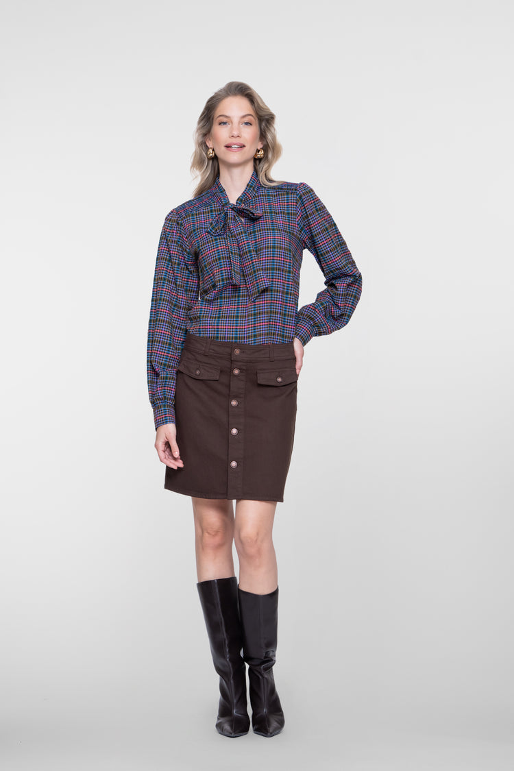 Geisha blouse met strikhals en lange mouwen in ruitdessin