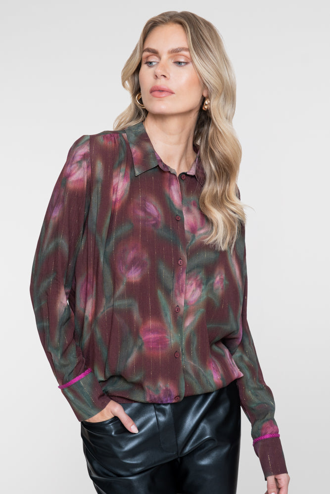 Geisha blouse met vervaagde bloemprint en subtiele lurex details