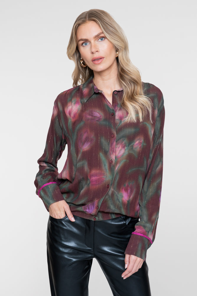 Geisha blouse met vervaagde bloemprint en subtiele lurex details