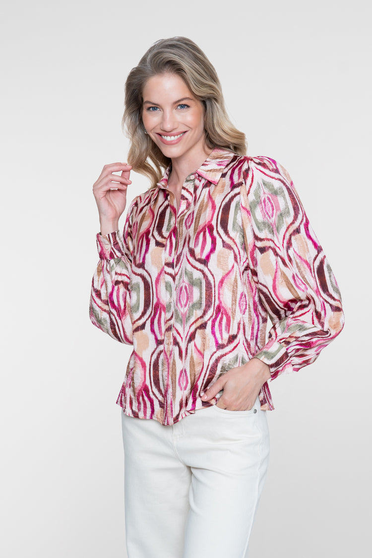 Geisha blouse met kleurrijke print en glans