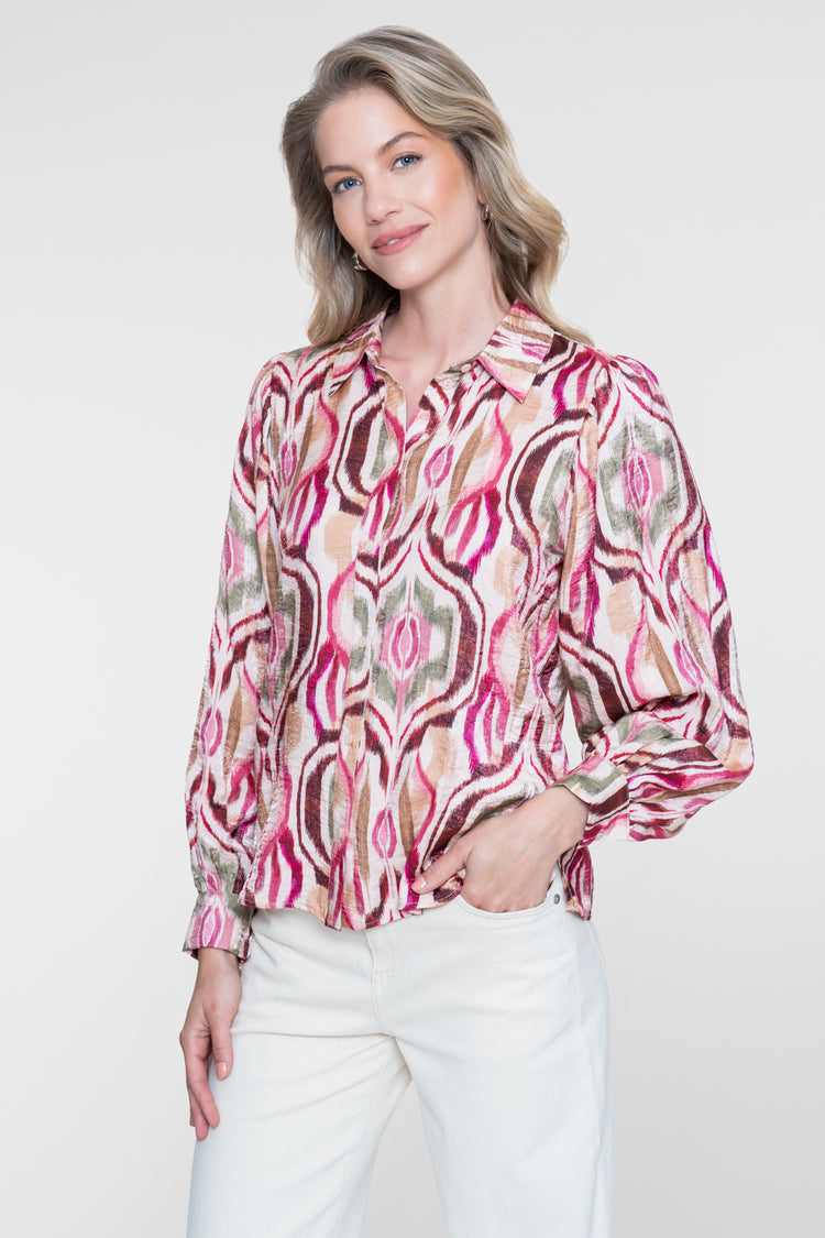 Geisha blouse met kleurrijke print en glans