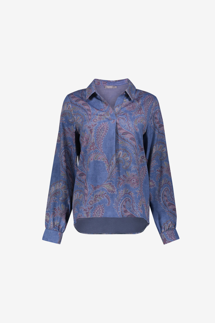 Geisha denim look blouse met paisley bloemenprint en V-snit