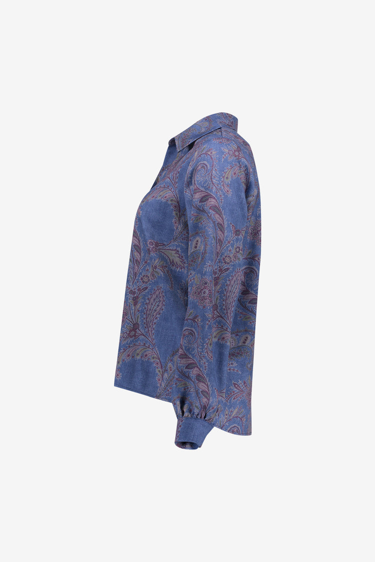 Geisha denim look blouse met paisley bloemenprint en V-snit
