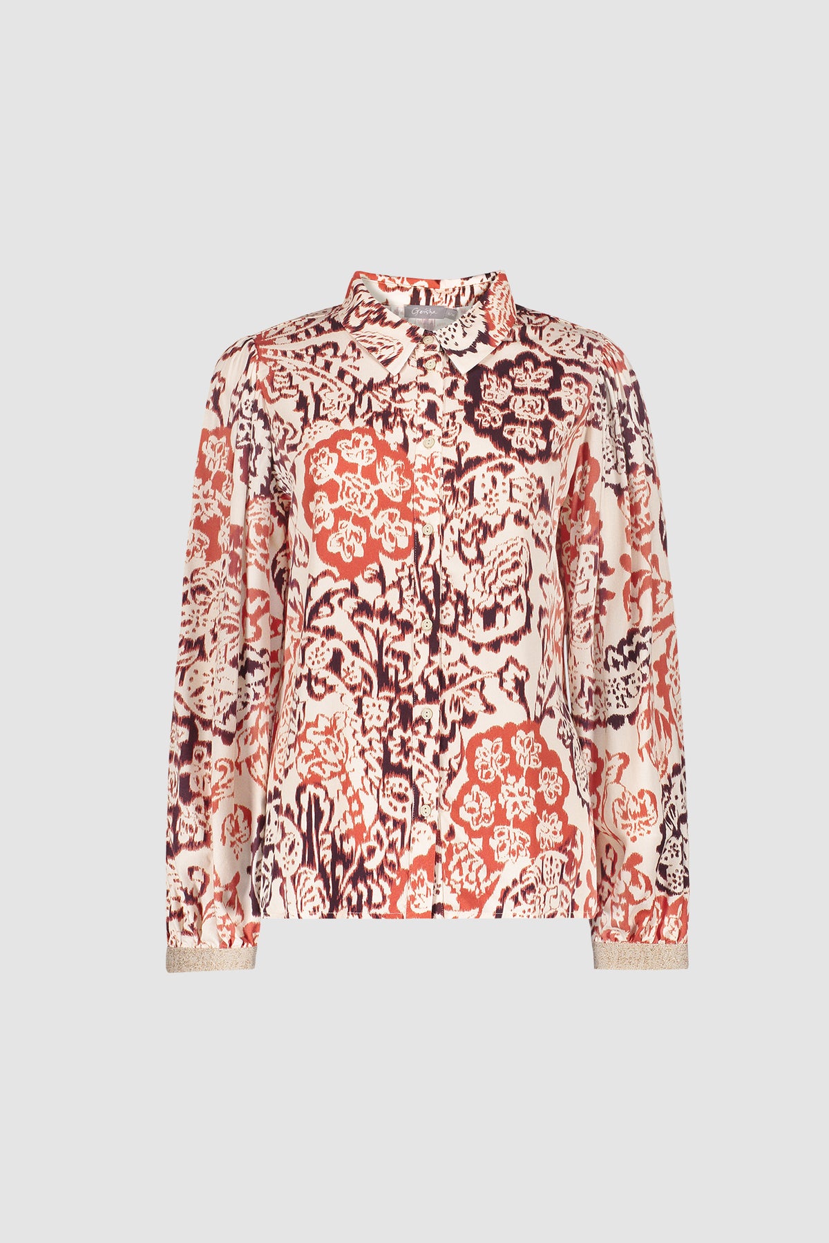 Geisha blouse met klassieke kraag en sierlijke print