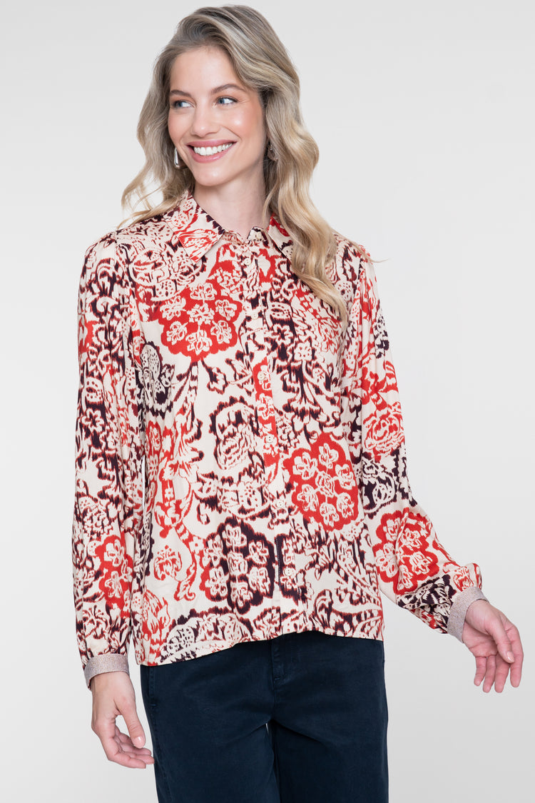 Geisha blouse met klassieke kraag en sierlijke print