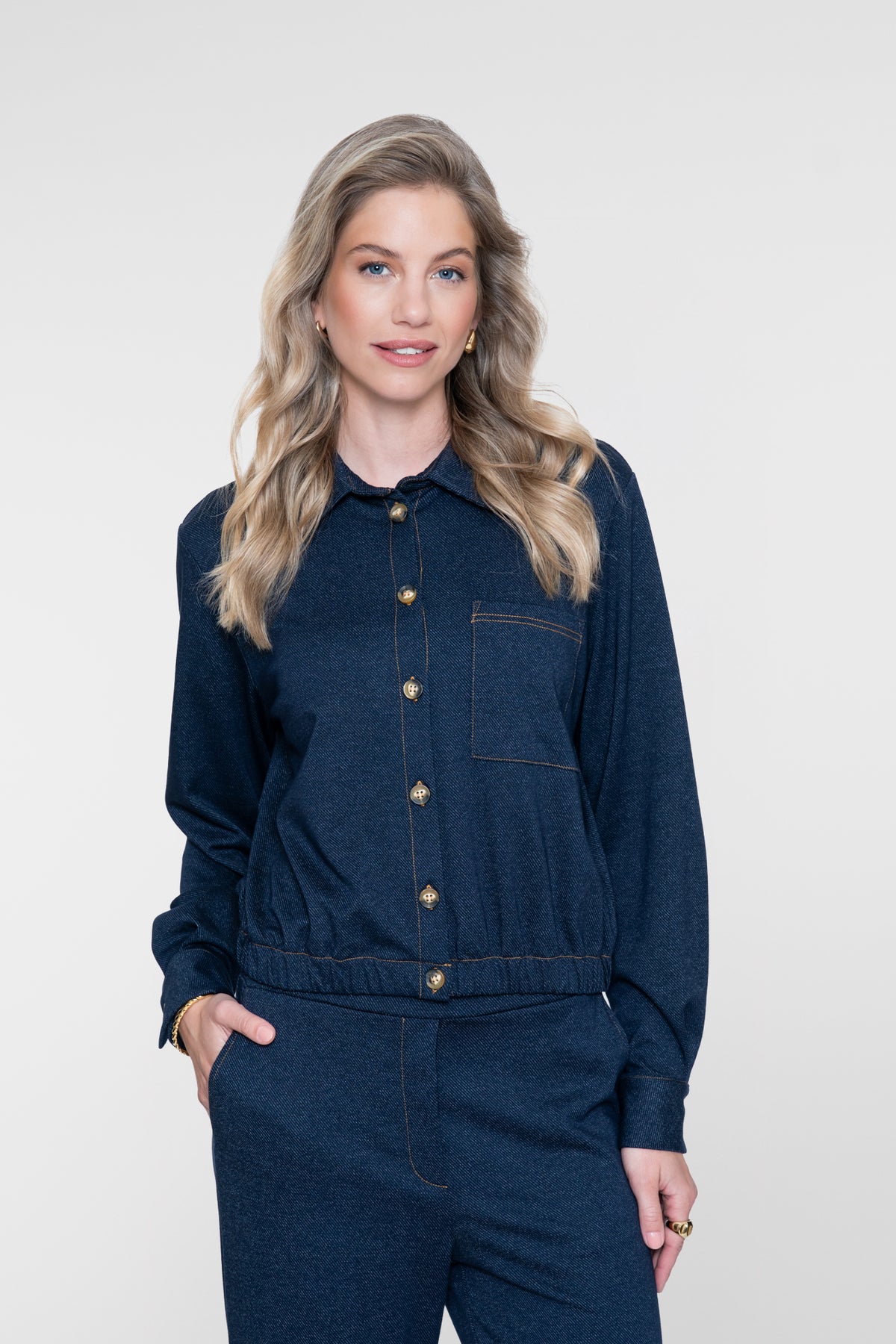 Geisha blouse met denim look en elastische taille