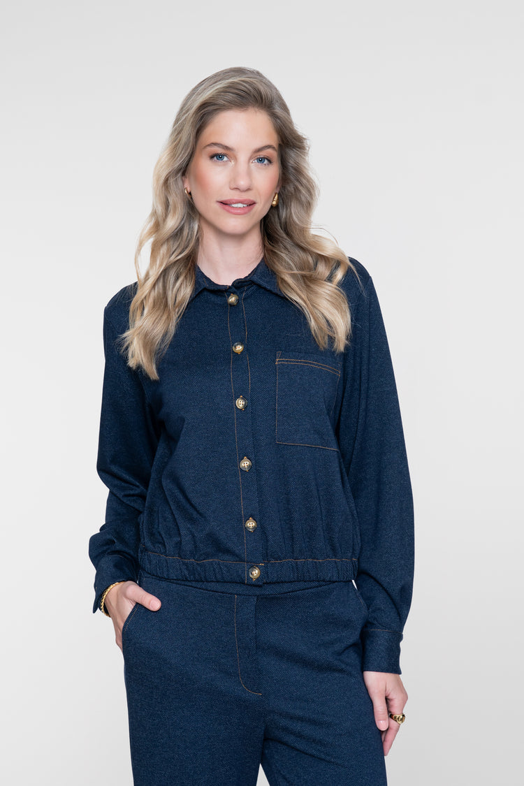 Geisha blouse met denim look en elastische taille
