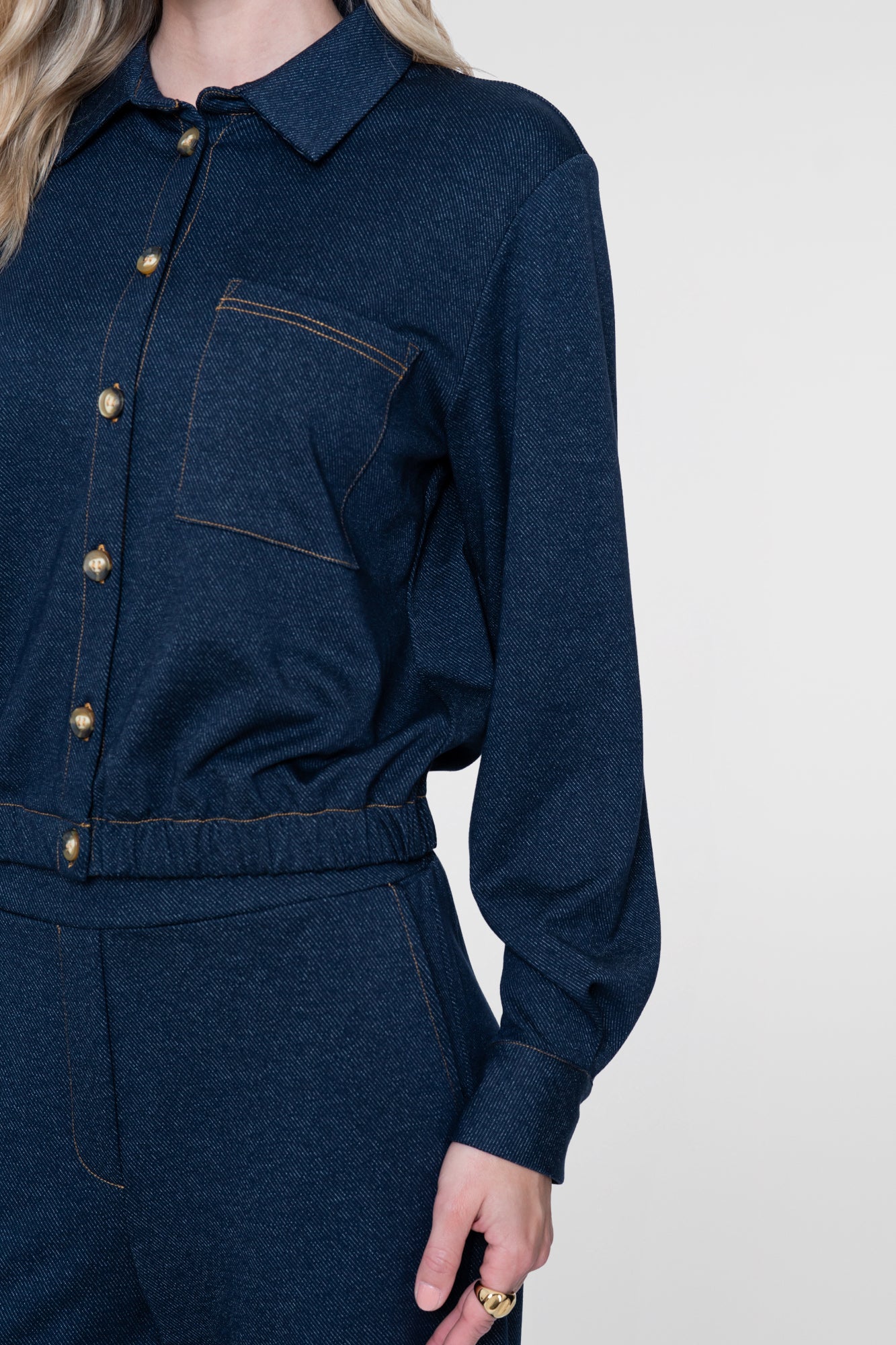 Geisha blouse met denim look en elastische taille