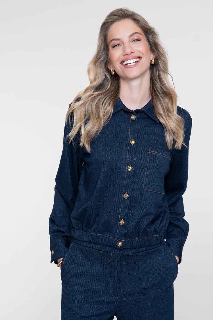Geisha blouse met denim look en elastische taille
