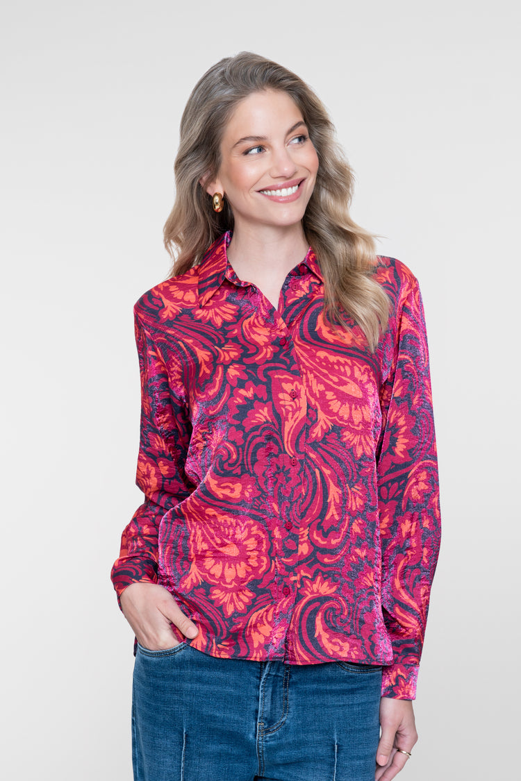 Geisha blouse met sierlijke print en glans