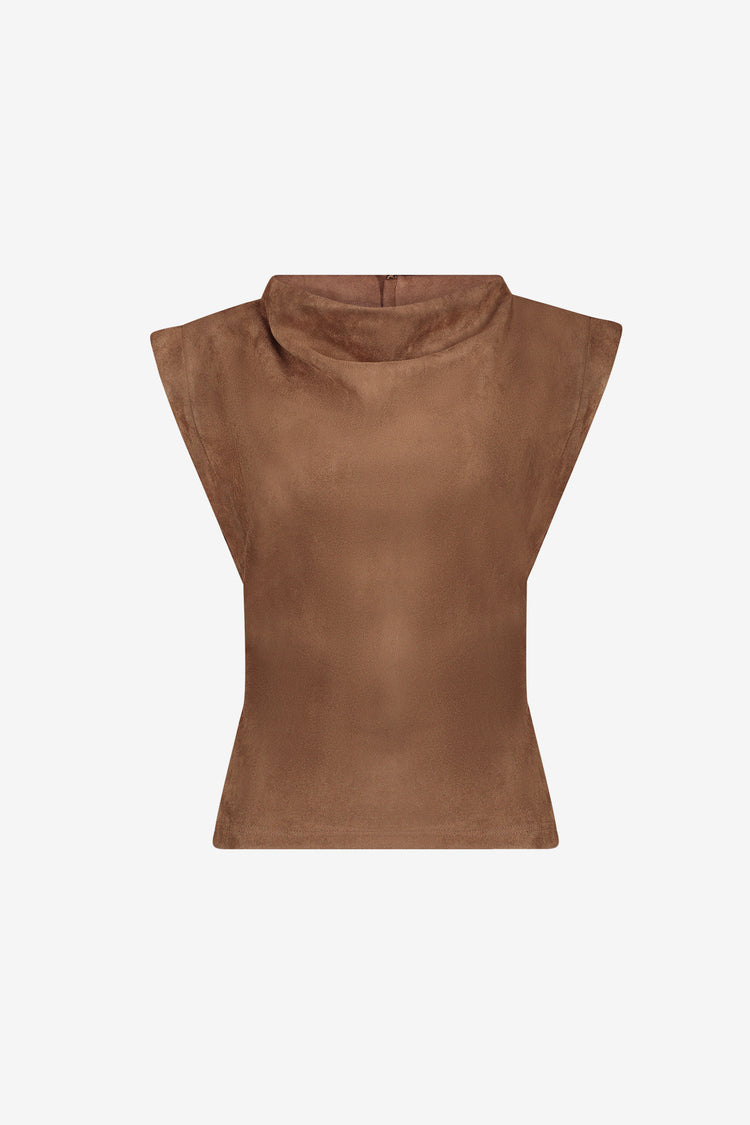 Geisha top met watervalhals en strikceintuur in suède look