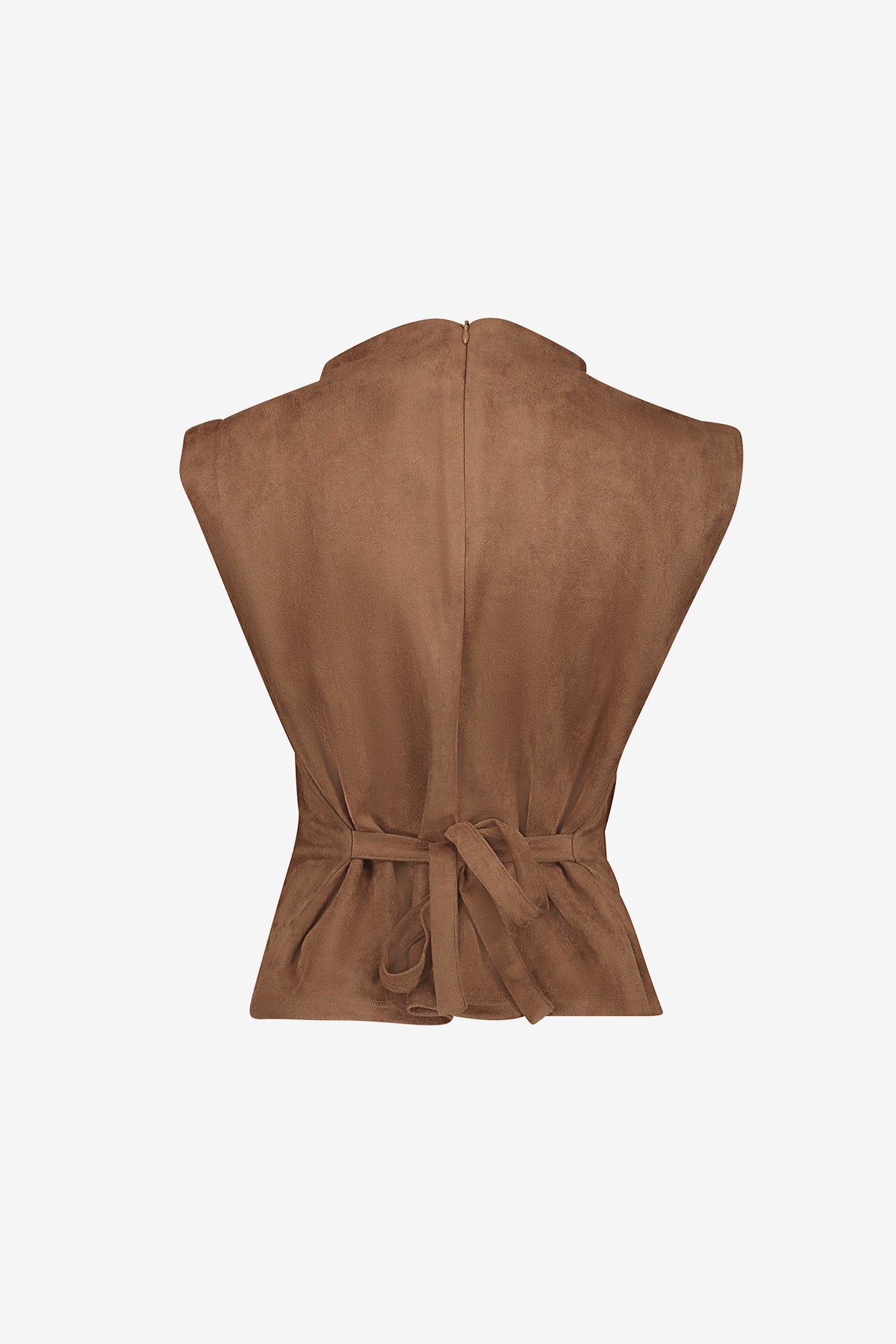 Geisha top met watervalhals en strikceintuur in suède look