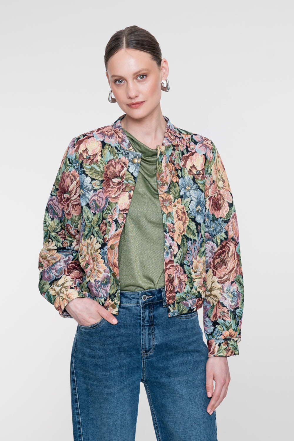 Geisha jacquard jasje met bloemenprint en subtiele lurexglans