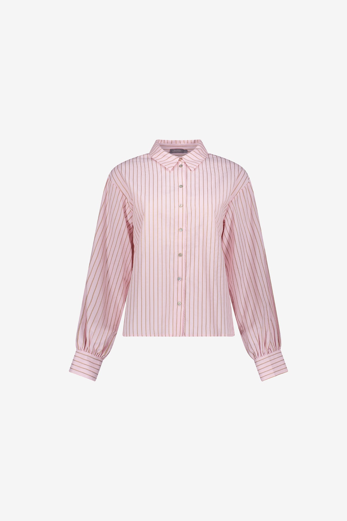 Geisha roze blouse met krijtstreep en lage schouderinzet