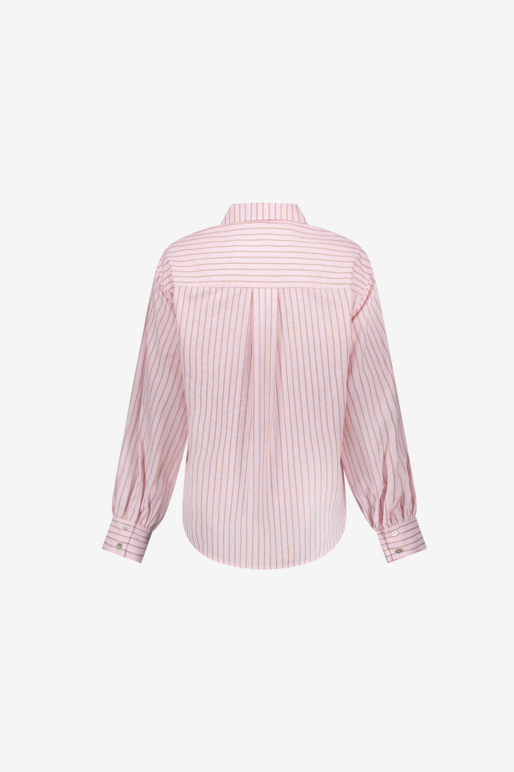 Geisha roze blouse met krijtstreep en lage schouderinzet