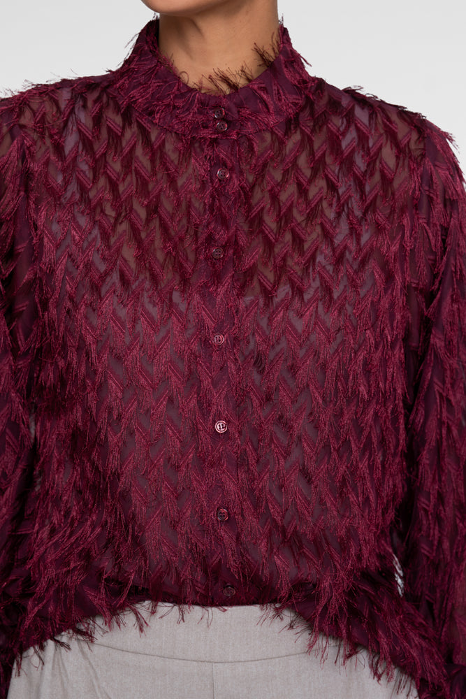 Geisha burgundy blouse met fringes