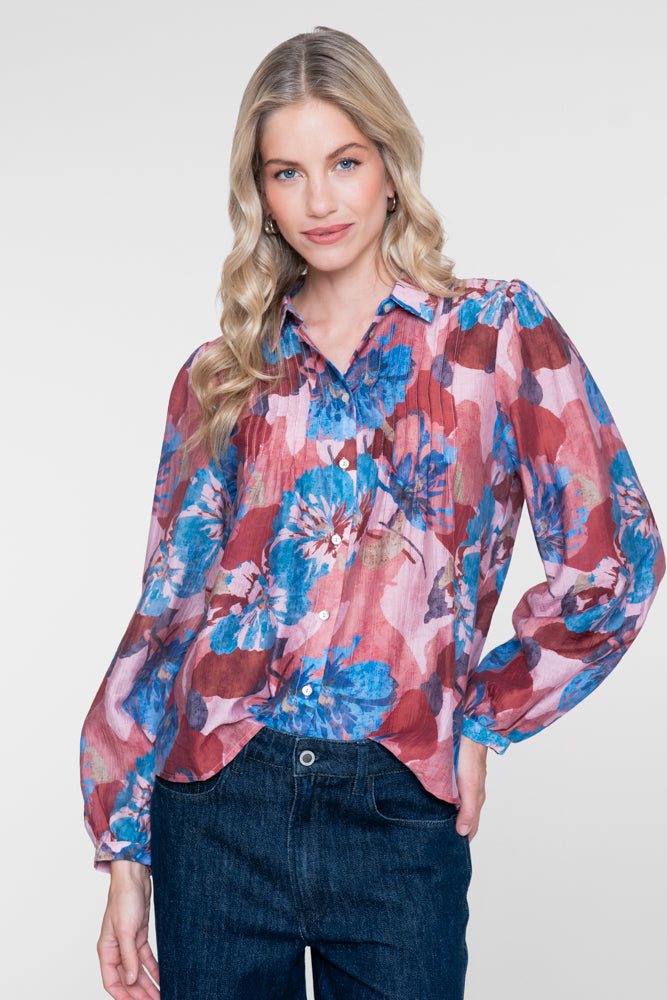 Geisha blouse met kleurrijk bloemdessin en plooidetails