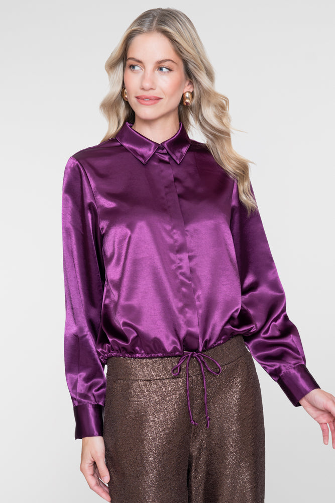 Geisha paarse satijnlook blouse met strikdetail – Shop de look