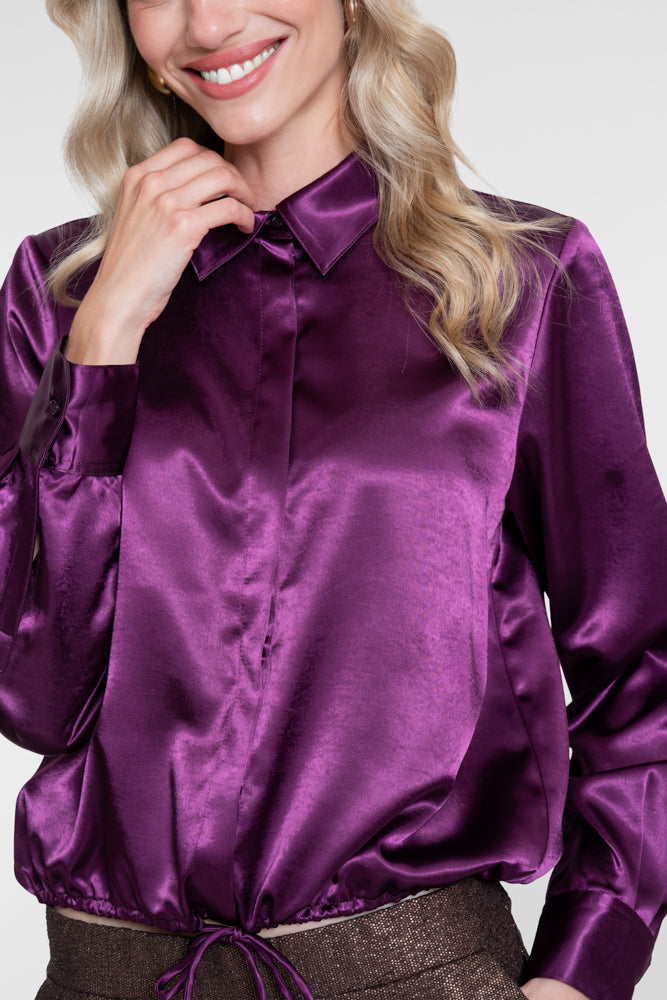 Geisha paarse satijnlook blouse met strikdetail