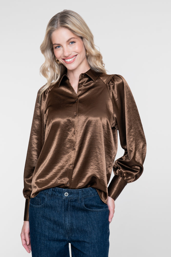 Geisha dames blouse met satijnlook en volumineuze mouwen