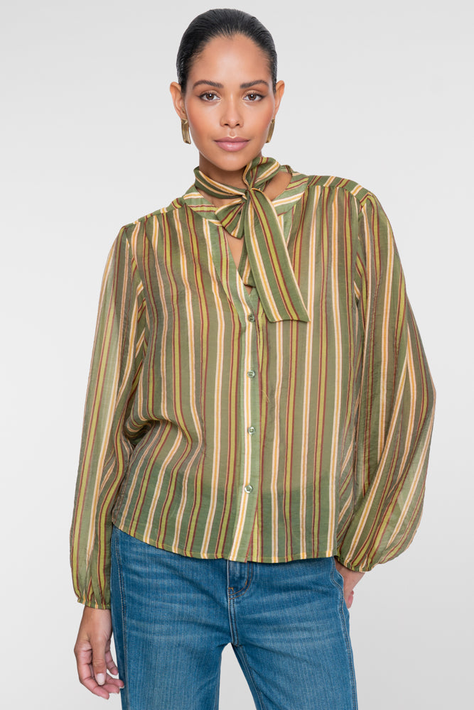Geisha gestreepte blouse met strikdetail in groen