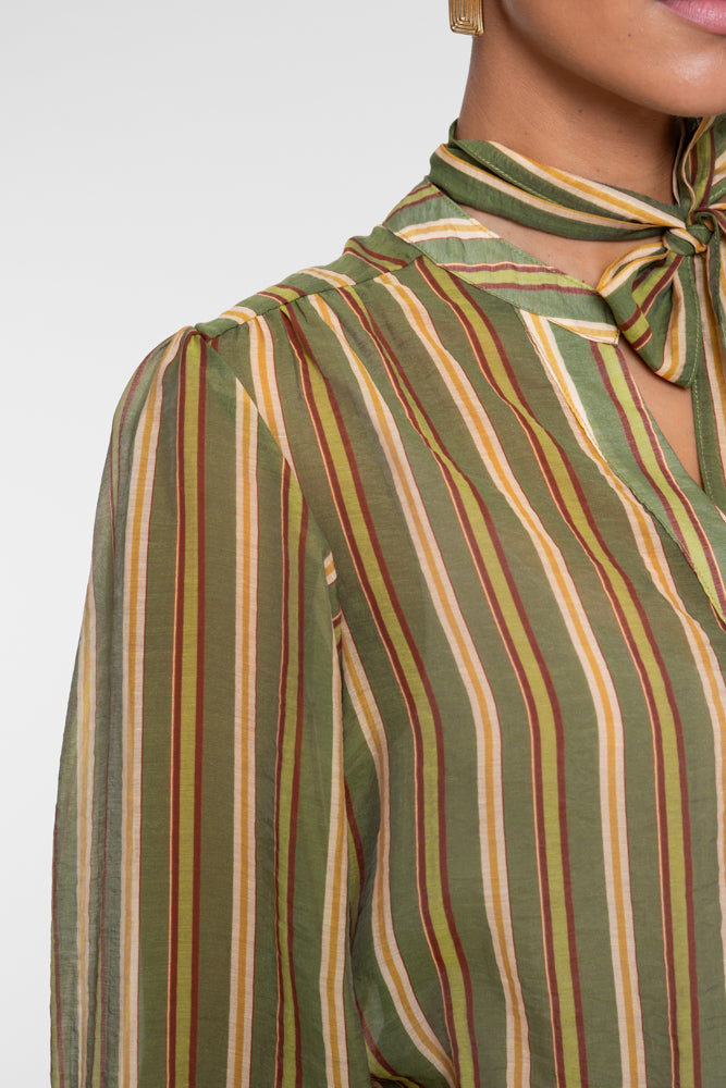 Geisha gestreepte blouse met strikdetail in groen