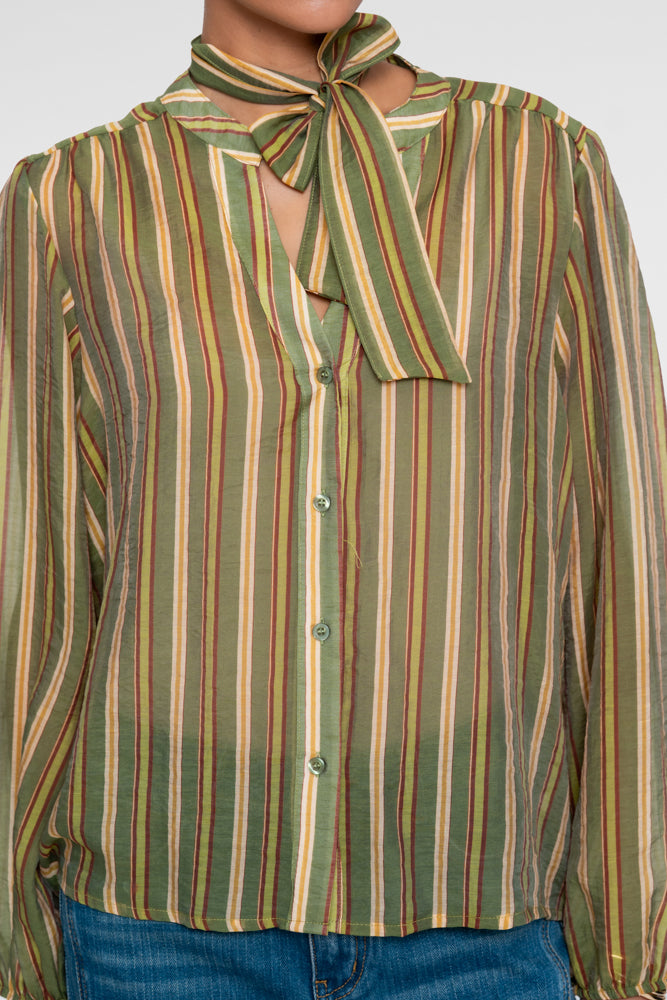 Geisha gestreepte blouse met strikdetail in groen