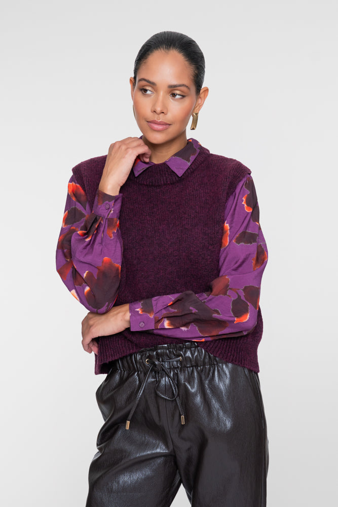 Geisha paarse blouse met abstracte bloemenprint