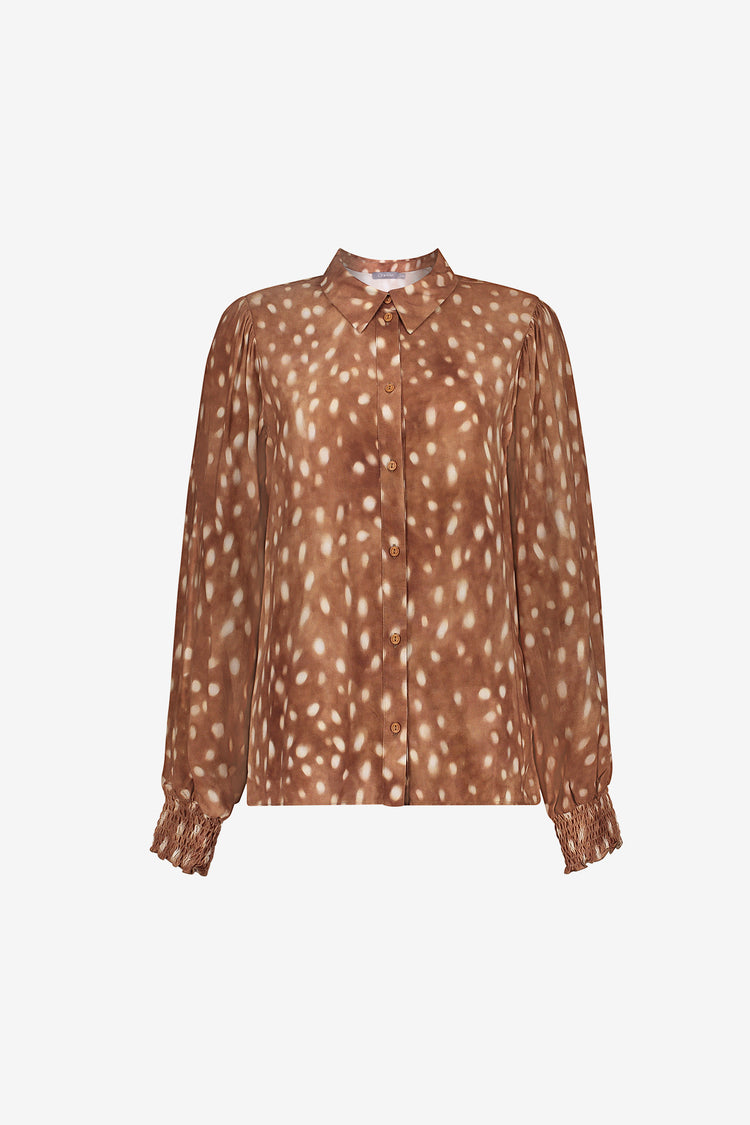 Geisha dames blouse met Bambi-dessin en gesmokte manchetten