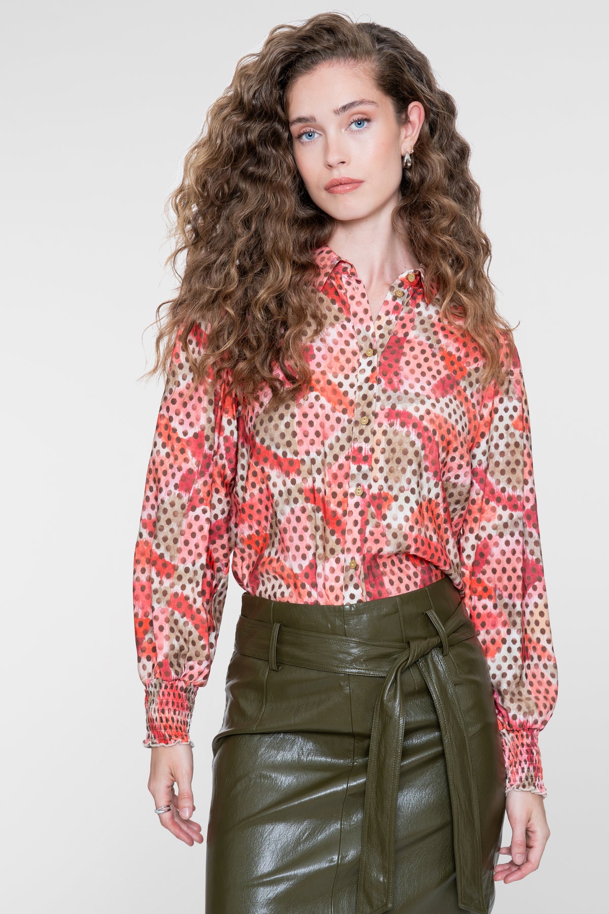Geisha blouse met dubbeldessin in roze en bruin