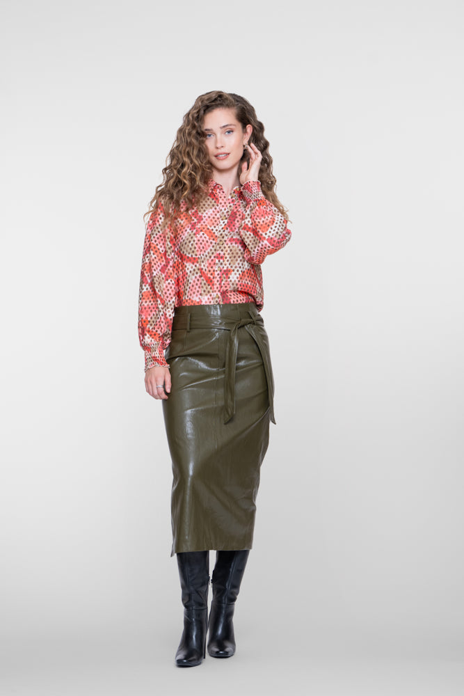 Geisha blouse met dubbeldessin in roze en bruin