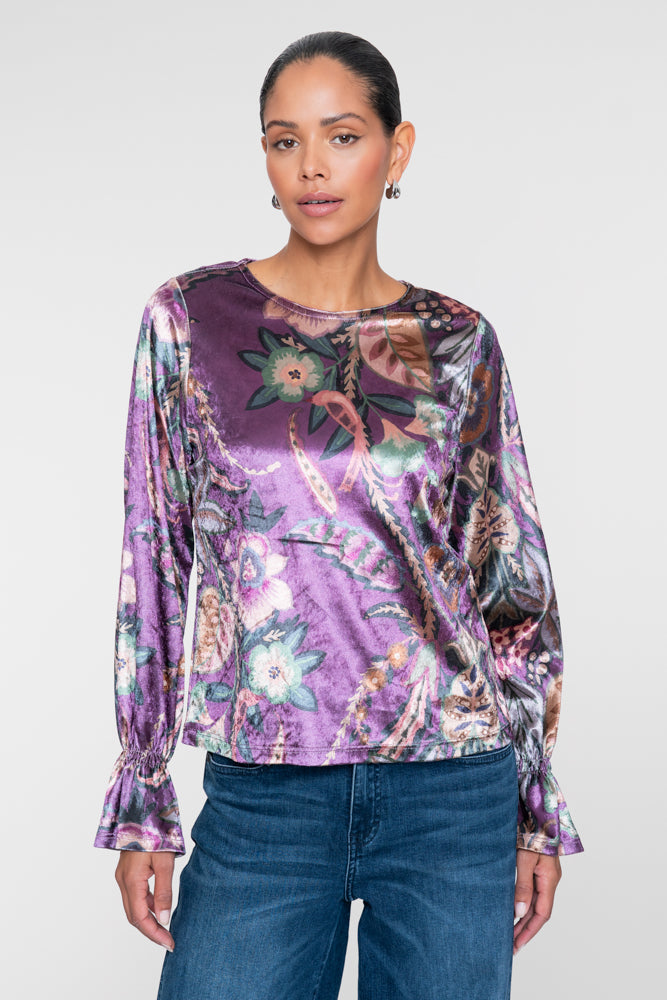Geisha viscose velvet top met bloemendessin en ruffle mouwen – Shop de look