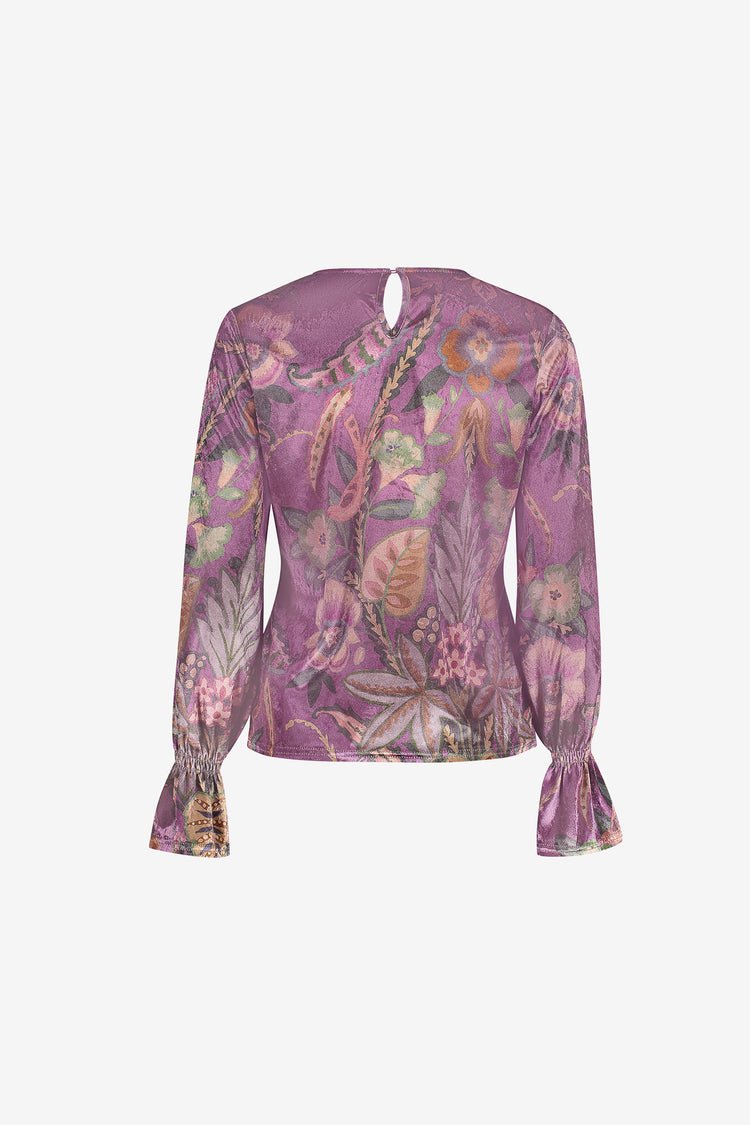 Geisha viscose velvet top met bloemendessin en ruffle mouwen