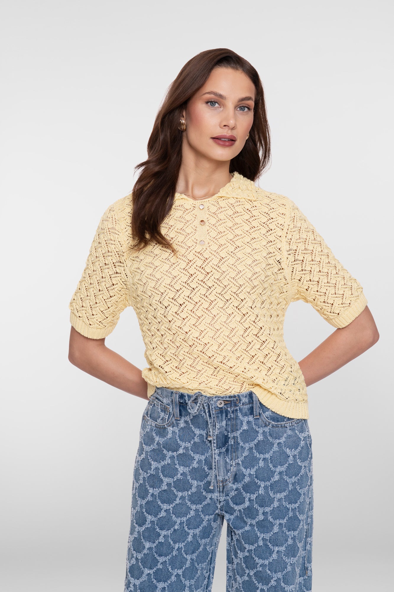 Geisha gebreide ajour pullover met kraag in butteryellow