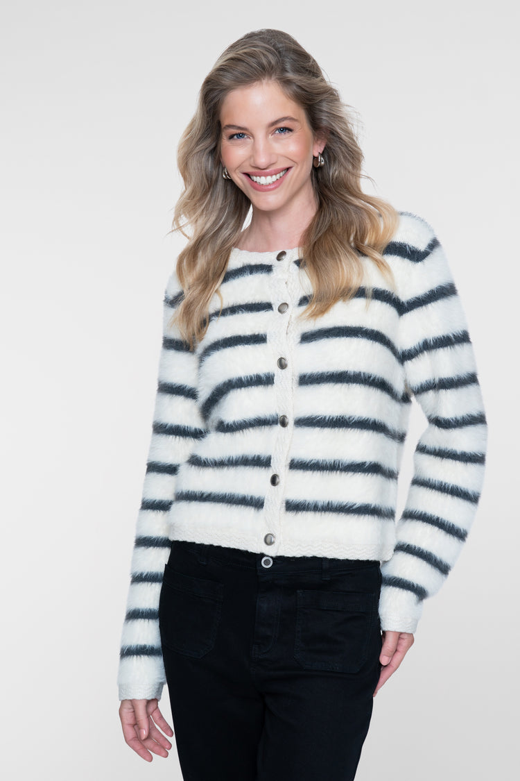Geisha gestreept vest met zachte hairy look en sierdetails