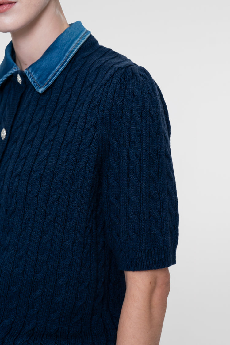 Geisha cardigan met denim contrastkraag en kabelstructuur