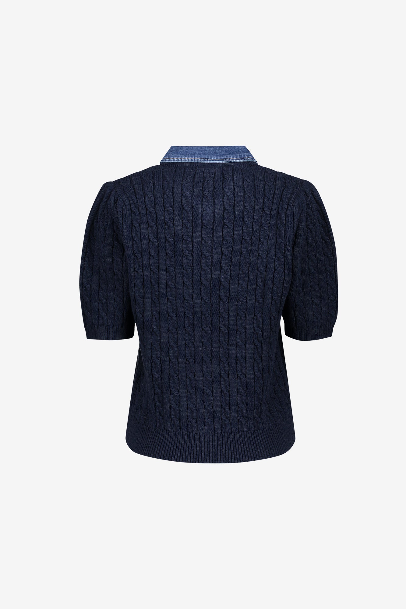 Geisha cardigan met denim contrastkraag en kabelstructuur