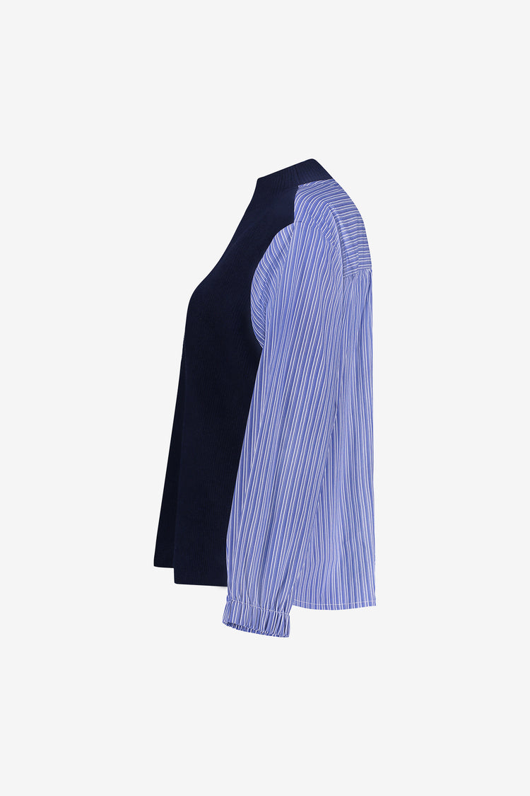 Geisha gebreide pullover met gestreepte mouwen en moderne twist