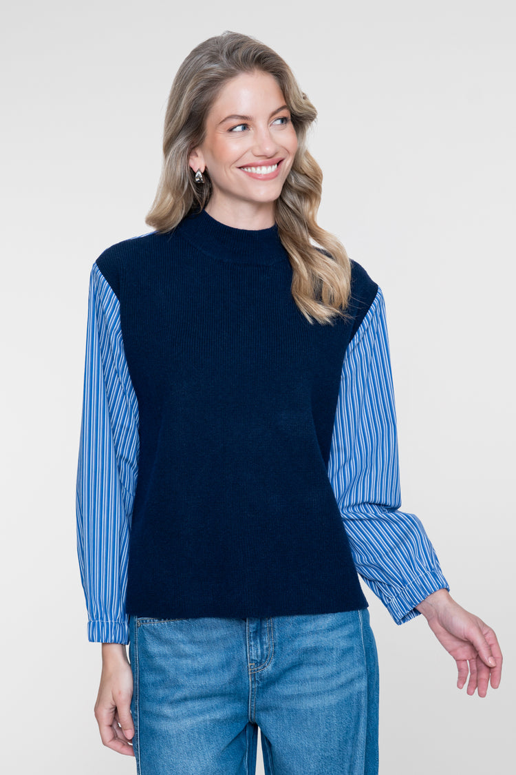 Geisha gebreide pullover met gestreepte mouwen en moderne twist