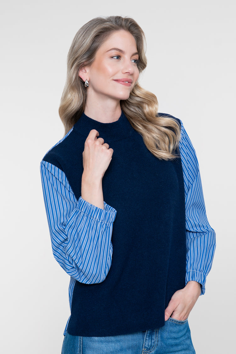 Geisha gebreide pullover met gestreepte mouwen en moderne twist