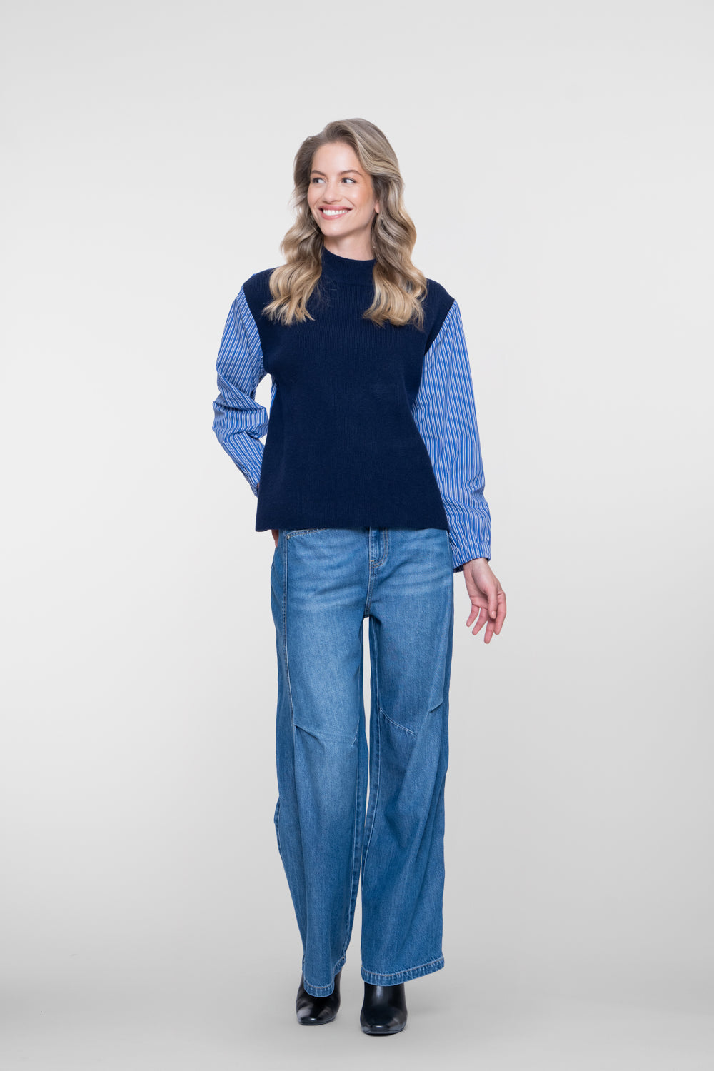 Geisha gebreide pullover met gestreepte mouwen en moderne twist