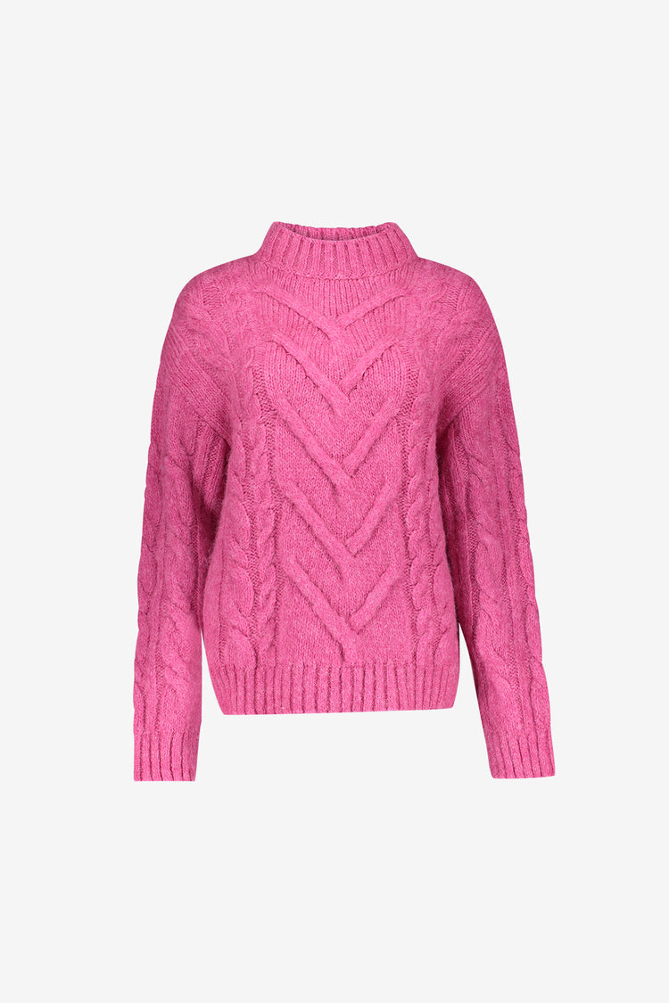 Geisha gebreide roze kabeltrui met opstaande hals