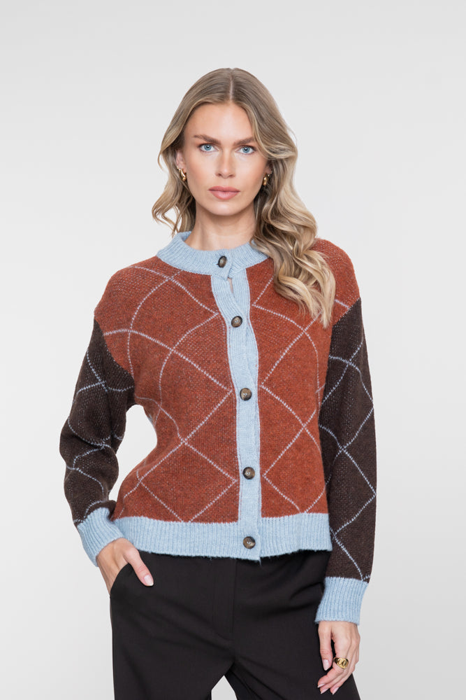 Geisha cardigan met ruitdessin en contrasterende kleurvlakken