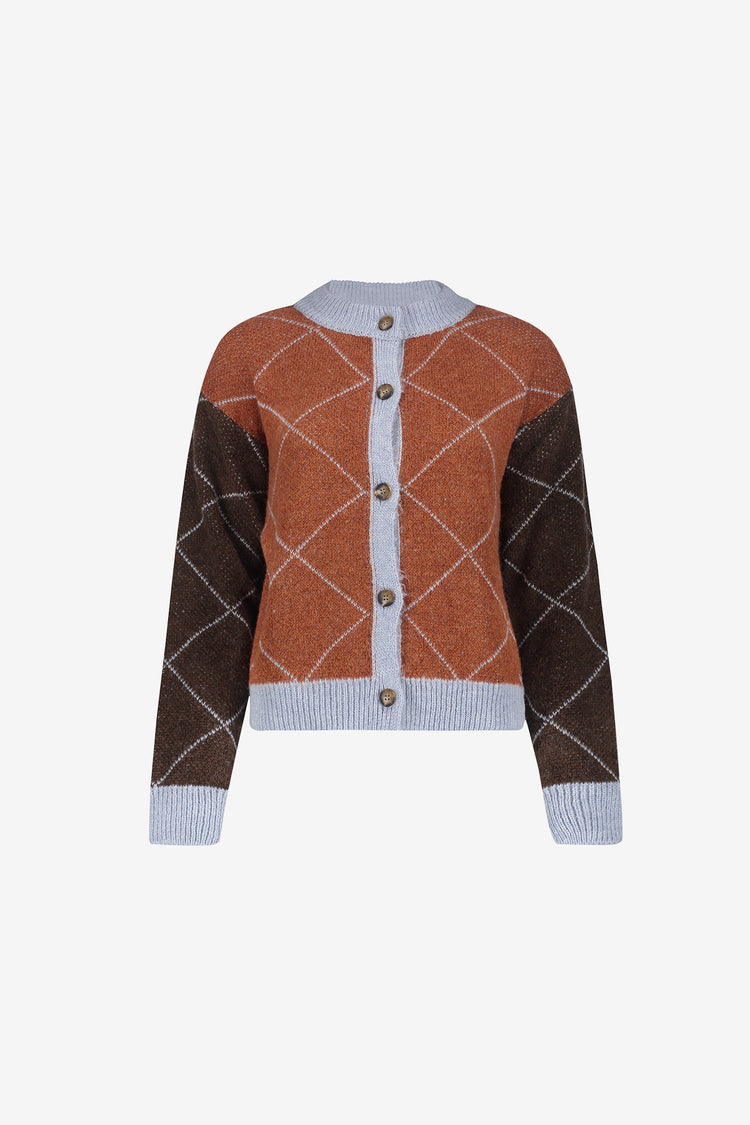 Geisha cardigan met ruitdessin en contrasterende kleurvlakken