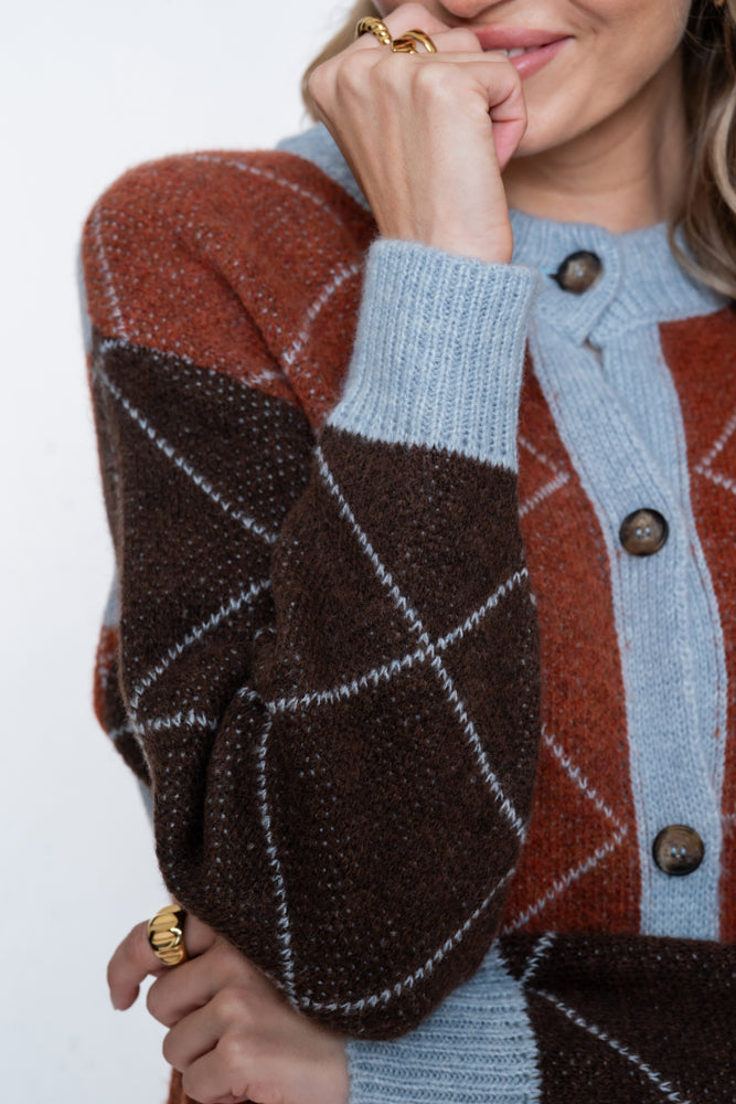 Geisha cardigan met ruitdessin en contrasterende kleurvlakken