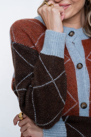 Geisha cardigan met ruitdessin en contrasterende kleurvlakken