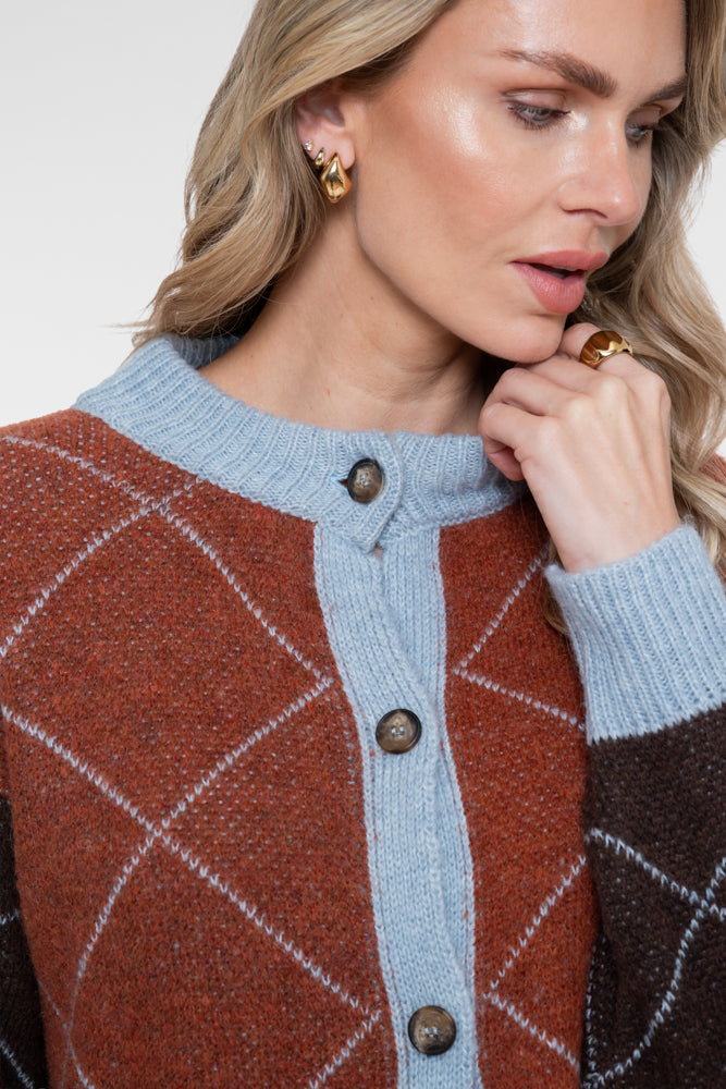 Geisha cardigan met ruitdessin en contrasterende kleurvlakken