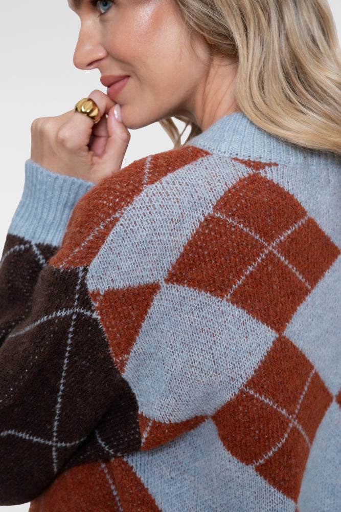 Geisha cardigan met ruitdessin en contrasterende kleurvlakken