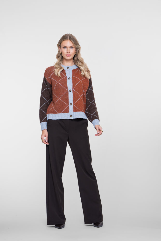 Geisha cardigan met ruitdessin en contrasterende kleurvlakken